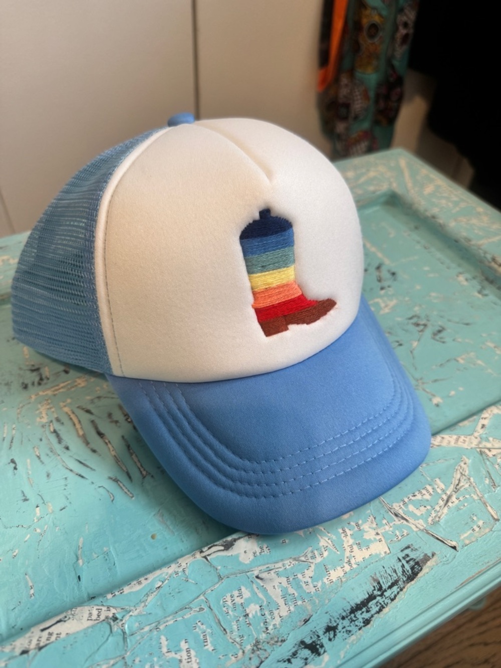 Rainbow Embroidered Cowgirl Boot Trucker Hat Blue Mesh Boho Western Core NEW - Picture 3 of 8